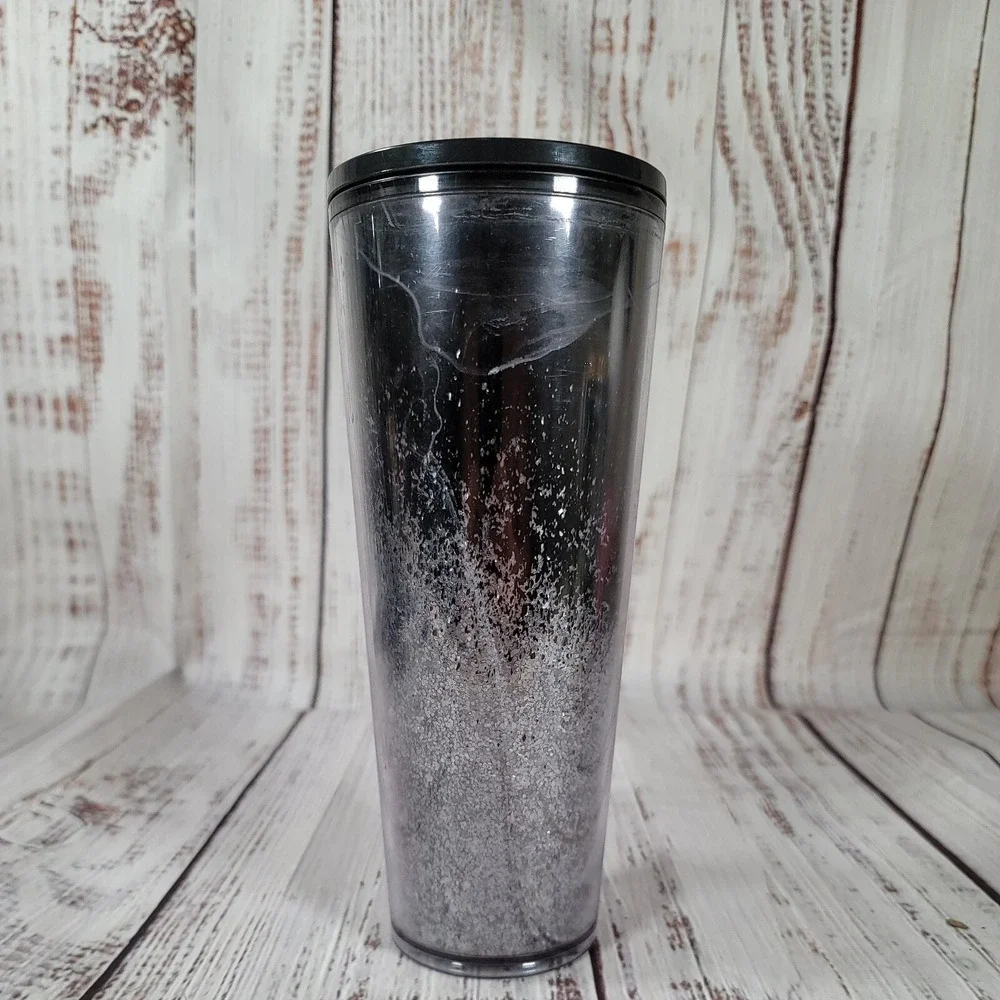 Starbucks 2019 Venti Black & Silver Cascading Snow Glitter Cold Tumbler 24 fl oz